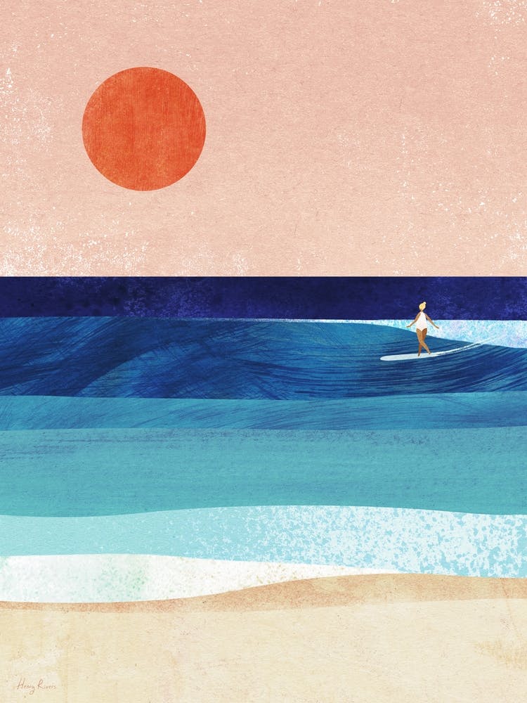 Sunset Surf Girl, Modern Beach Geometric Travel Poster