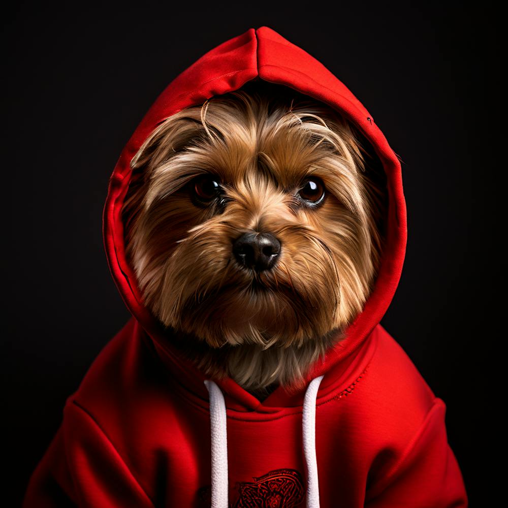A Yorkie Wearing a Red Hooded sweatshirt