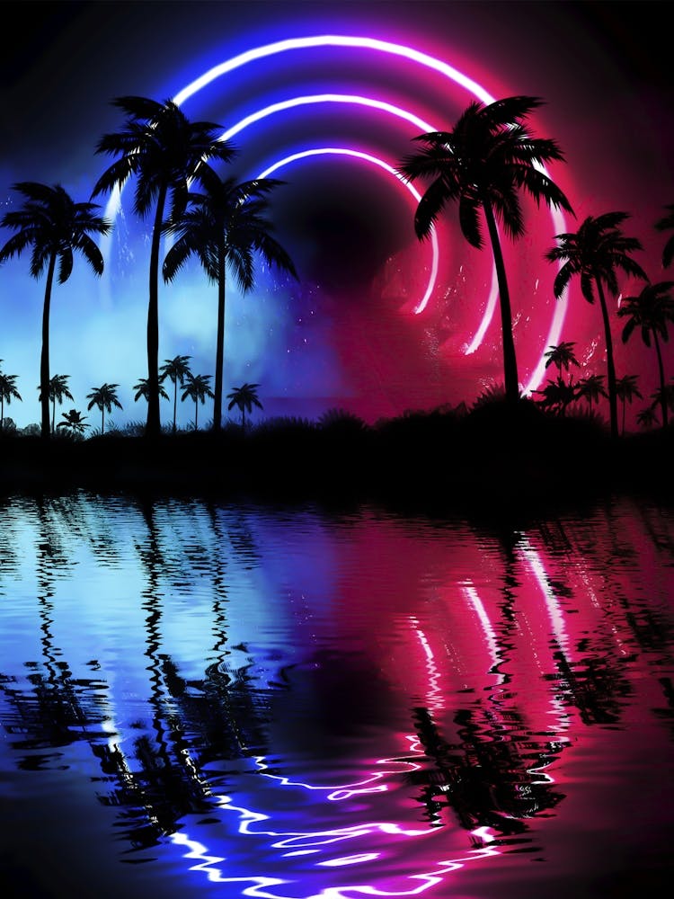 Neon landscape: Palms & Arc [synthwave/vaporwave/cyberpunk] — aesthetic retrowave neon poster