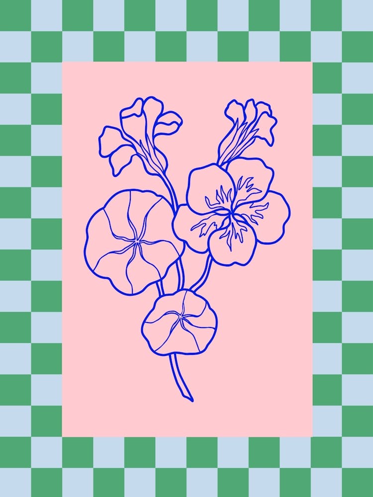Modern Checkered Flower Poster Blue & Pink 6