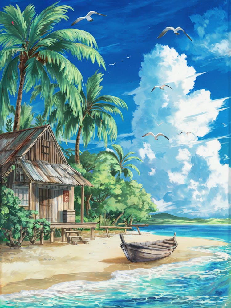 Anime Canvas Art: Tropical Beach with Rustic Hut, Palm Trees, and Ocean Waves, Perfect for Lofi Aesthetic and Relaxing Coastal Decor Fans.