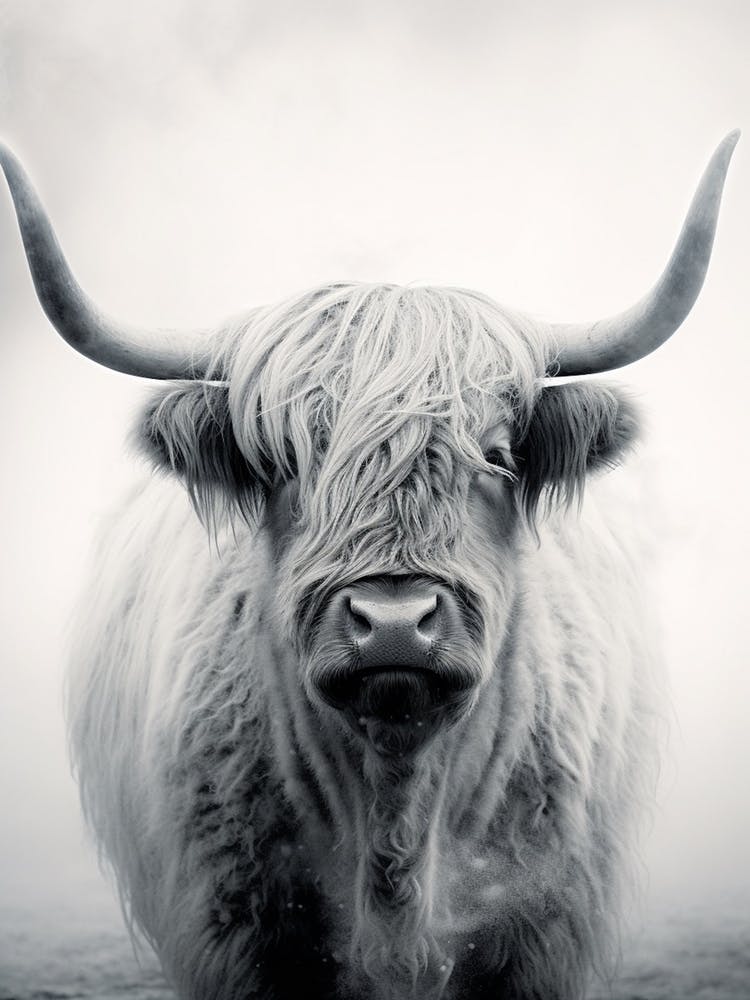 Black & White Stippling Illustration Of Highland Cow 1