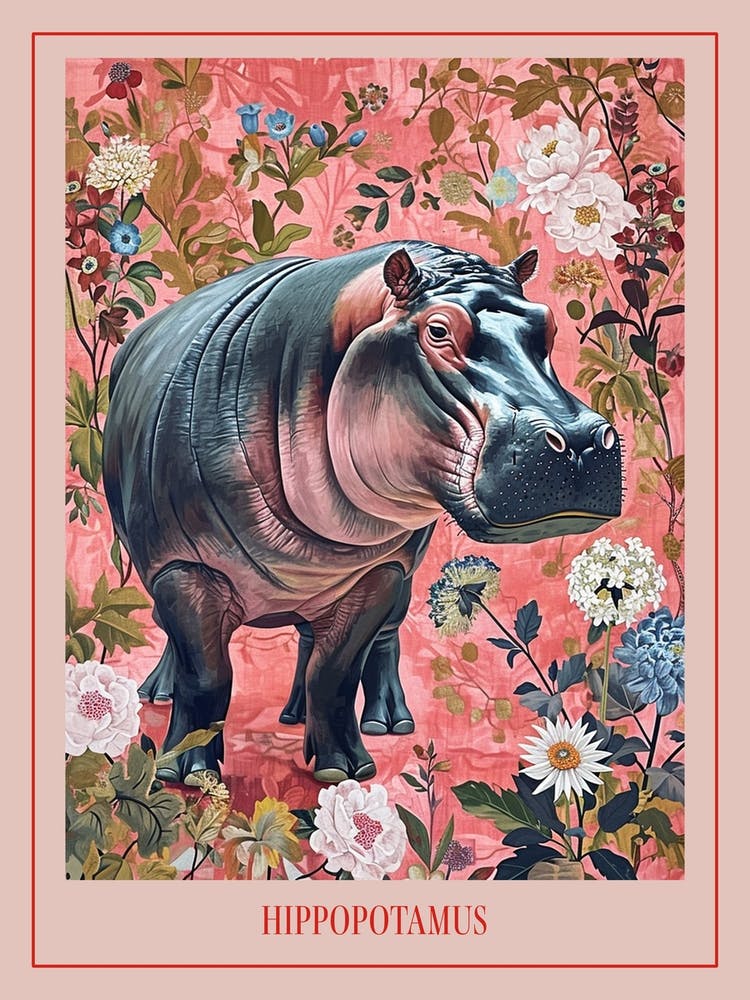 Floral Animal Painting Hippopotamus 3 Poster