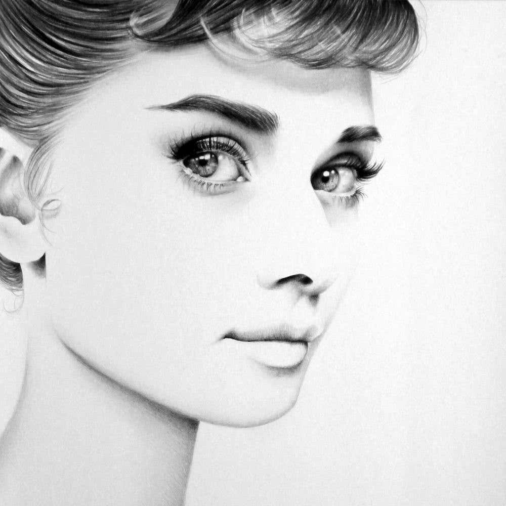 Audrey Hepburn Pencil Drawing Minimal Black and White Vintage 1950s Fashion
