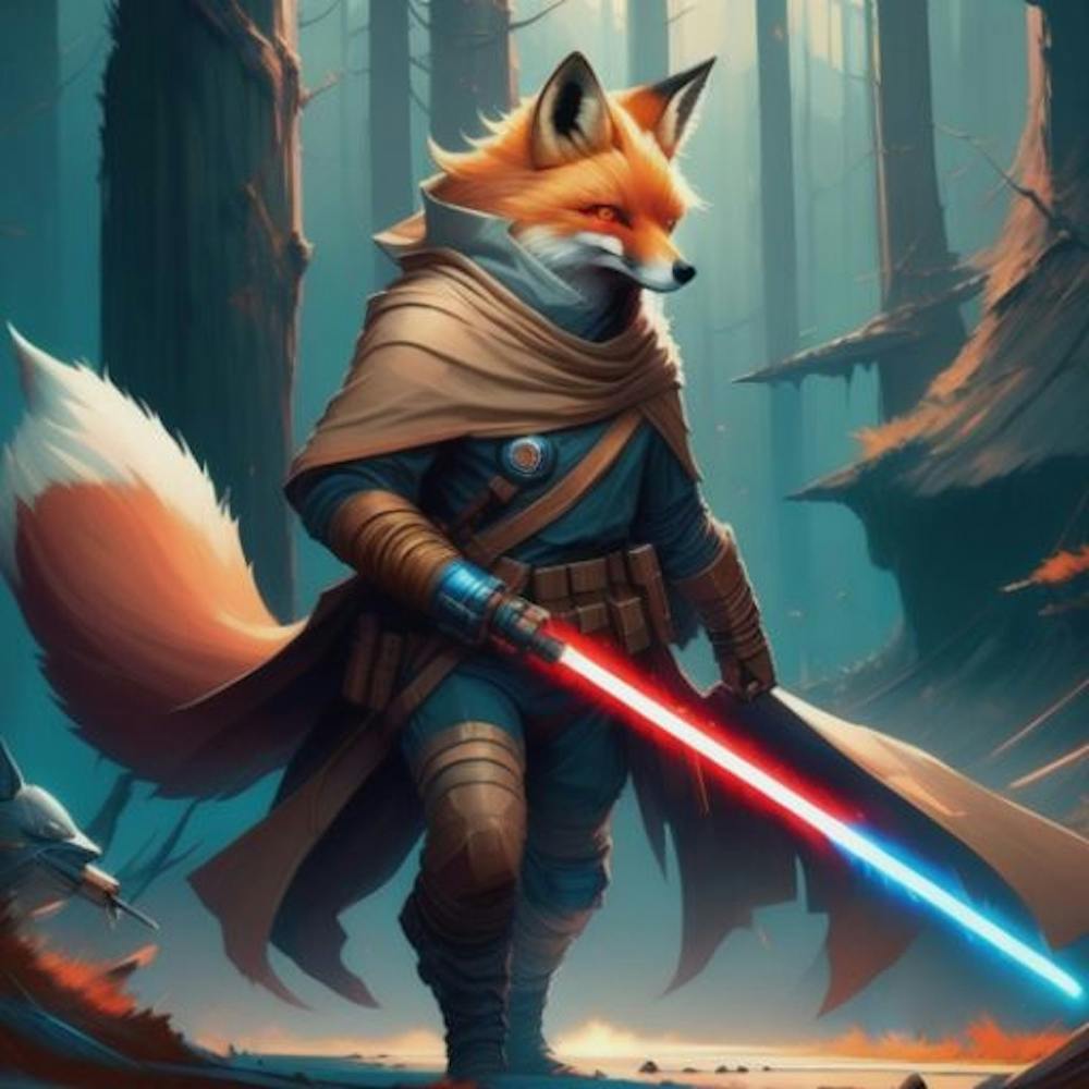 Fox wielding a red blue laser sword