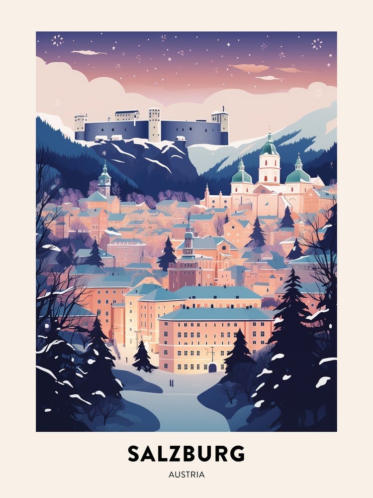 Winter Night  Travel Poster Salzburg Austria 1