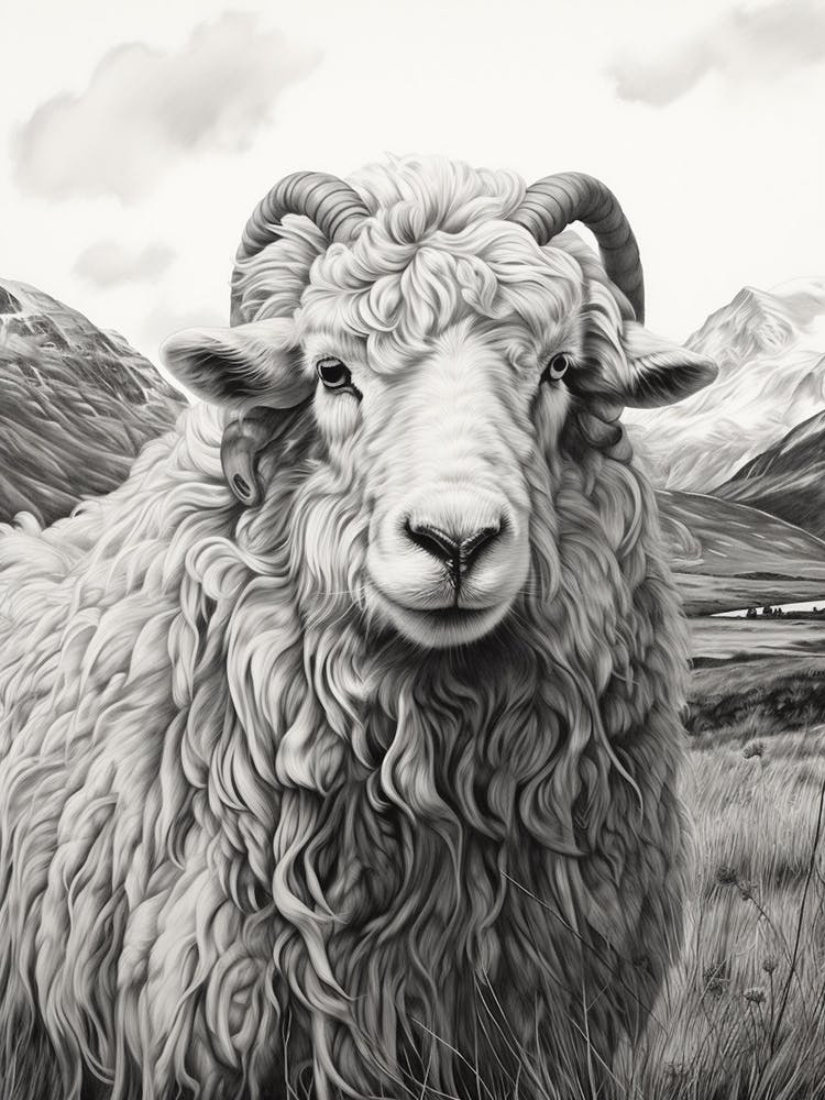 Black & White Illustration Of Highland Sheep