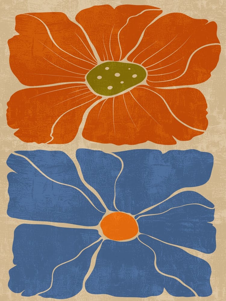 Deux fleurs en bleu et orange