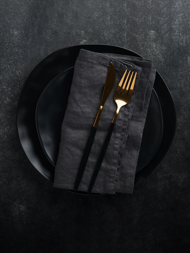 Cutlery and black plate — Food kitchen poster/blackboard, photo art 1