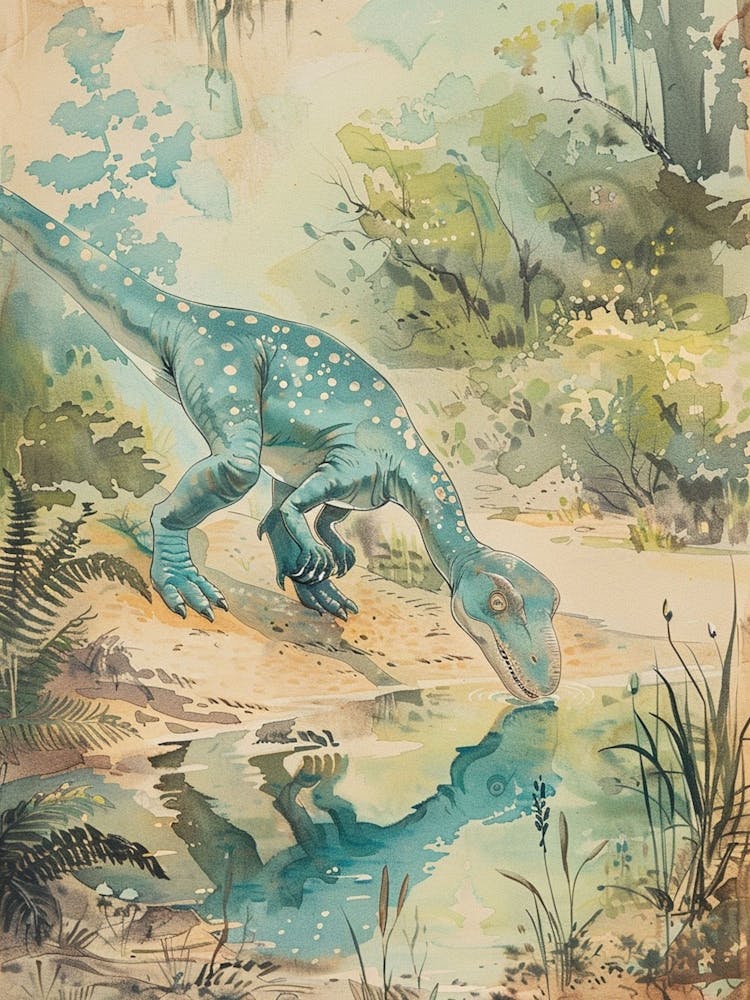 Dinosaur Drinking From A Watering Hole Illustration