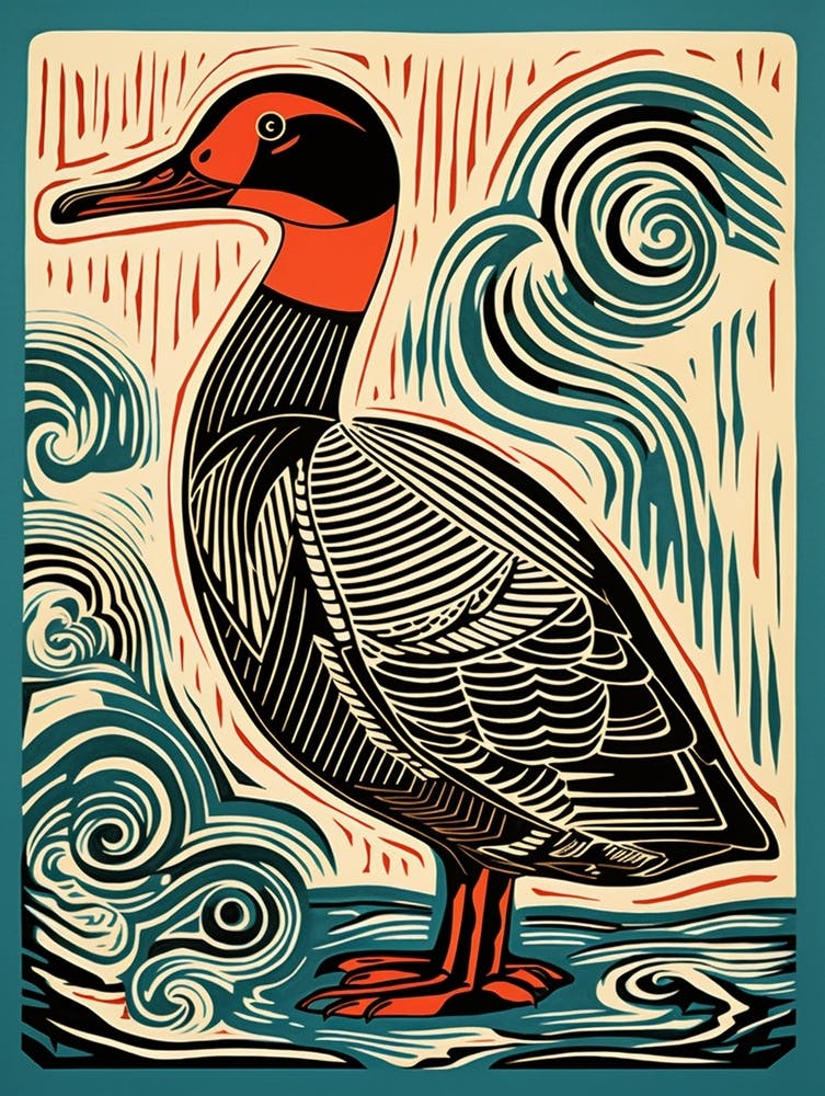 Vintage Bird Linocut Duck 4