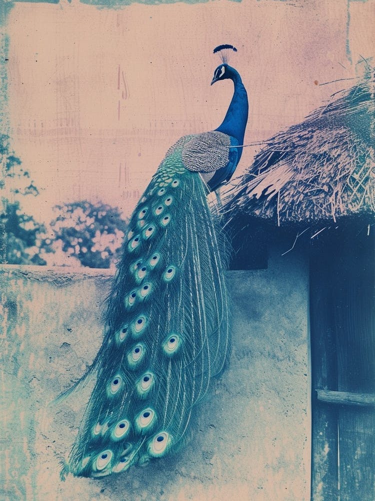 Vintage Photograph Of A Peacock On A Wall By A Barn