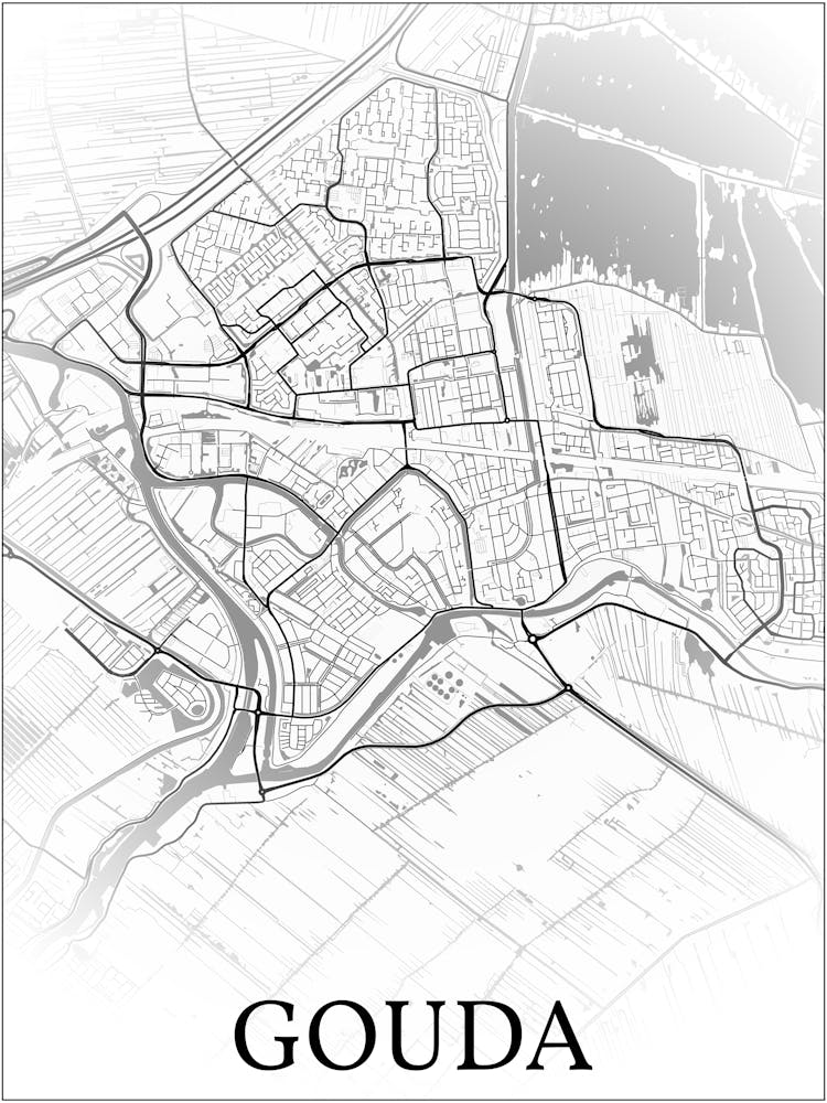 Gouda, South Holland, Netherlands, City Map, Black And White Fade Design