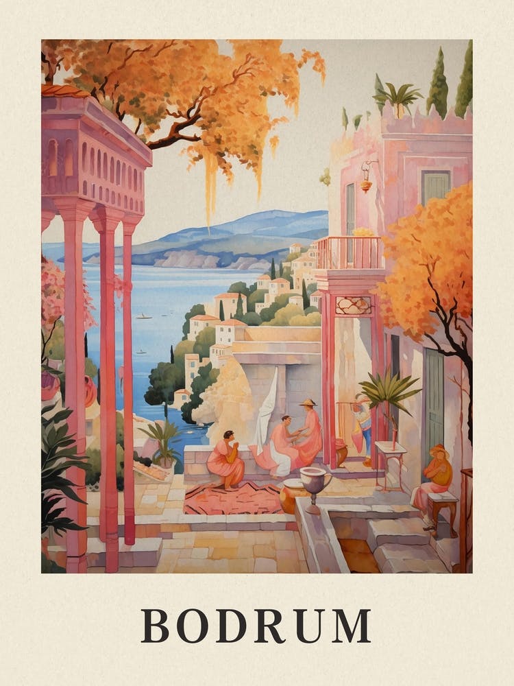 Bodrum Türkei 5 Vintage Rosa Reise-Illustration Poster