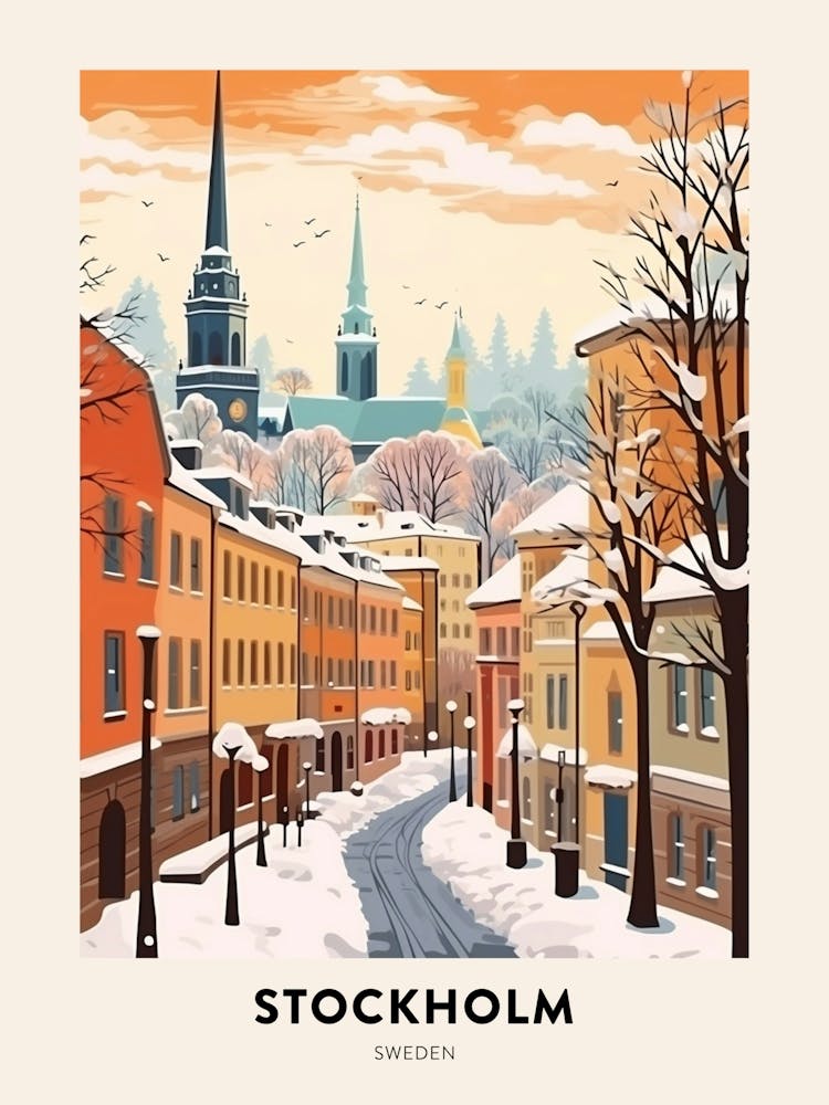 Vintage Winter Travel Poster Stockholm Sweden 3
