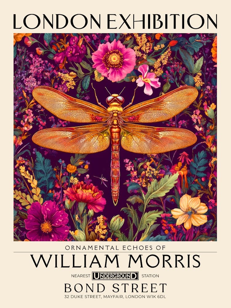 William Morris Dragonfly and floral artwork vibrant colors, insect and flower pattern Botanical vintage print, maximalist wall art living room boho decor, Floral tapestry Victorian style vintage decor 10