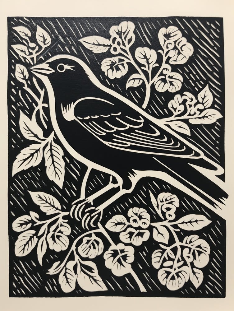 B&W Bird Linocut Cowbird 2