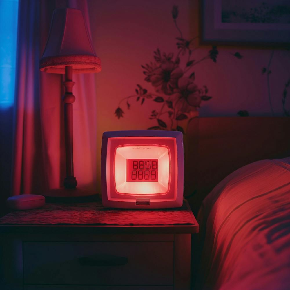 A Square Digital Alarm Clock From The 1990s In A Bedroom Sitting On A Side Table In A Dimly Lit Room With Only The The Red Light From The Clock Lighting The Room Photorealistic Close Up Tight Shots Face On Portait Not On An Ang