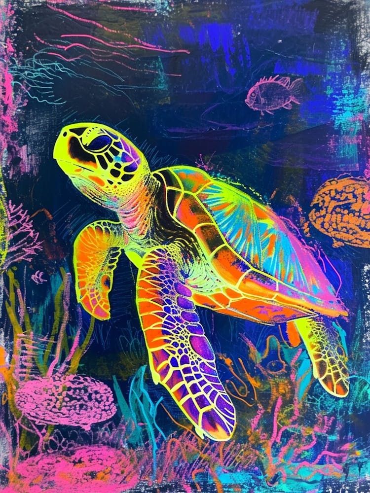 Neon Underwater Sea Turtle Doodle 3