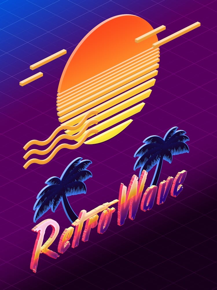 Isometric Retrowave: Sunset [synthwave/vaporwave/cyberpunk] — aesthetic poster, retrowave poster, neon poster