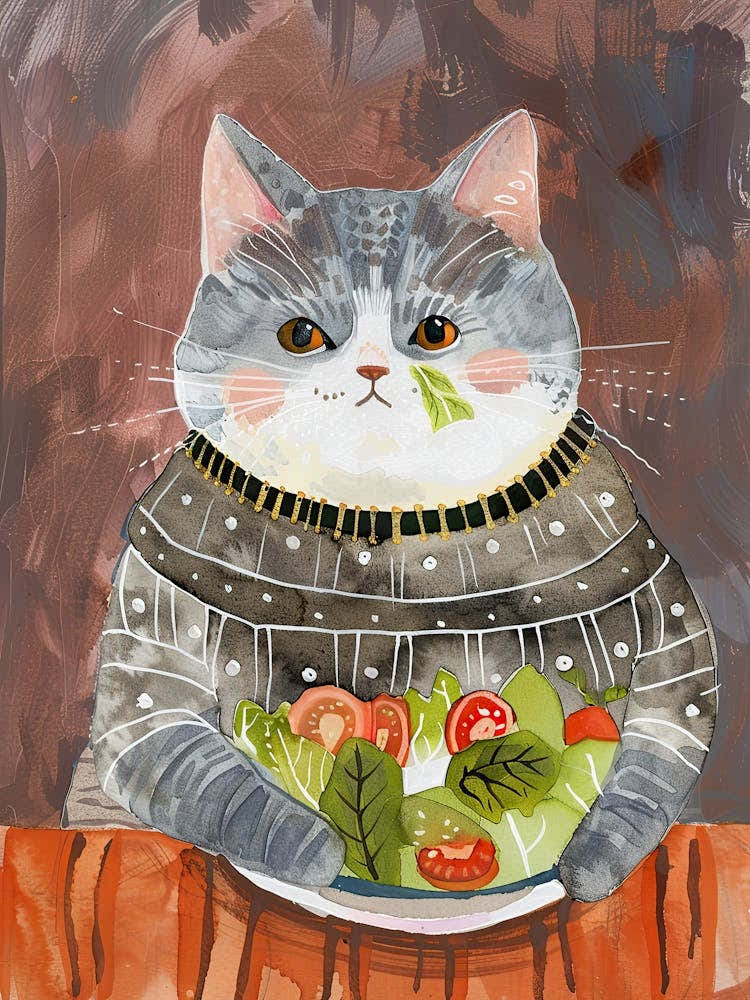 Grey Cat Eating Salad Folk Illustration 4