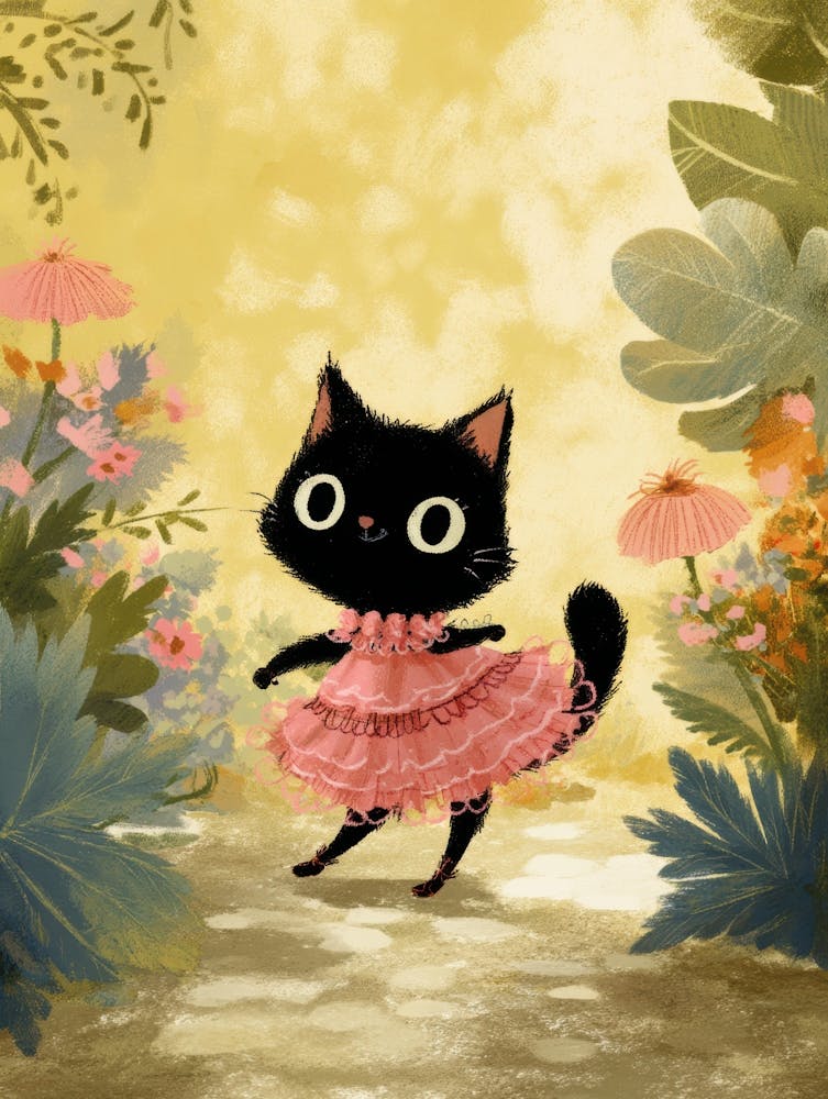 Black Cat In Pink Dress