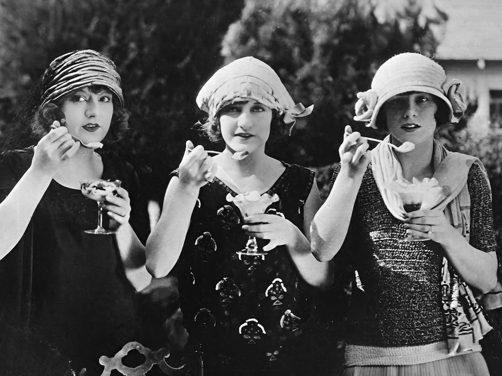 Three Women In Hats Eating Ice Cream, Vintage Black and White Old Photo