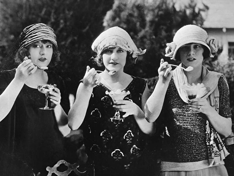Three Women In Hats Eating Ice Cream, Vintage Black and White Old Photo