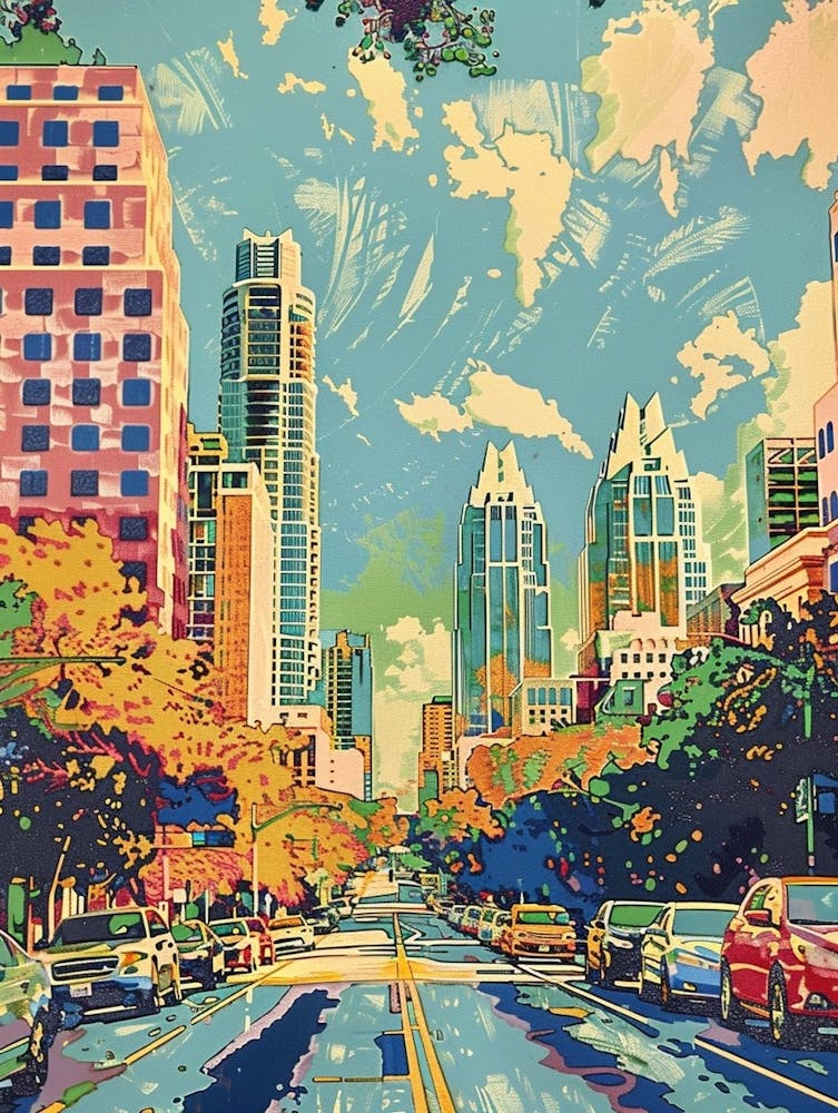 South Congress Avenue Austin Texas Colourful Blockprint 1