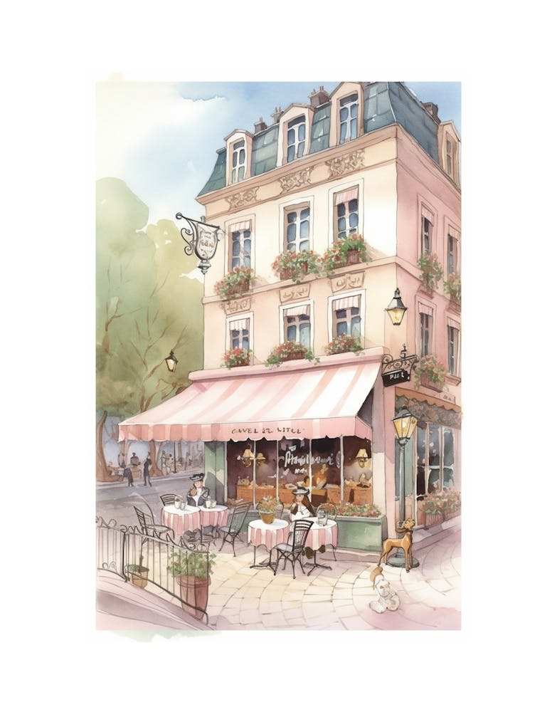 Pink Paris Street Shop Watercolour