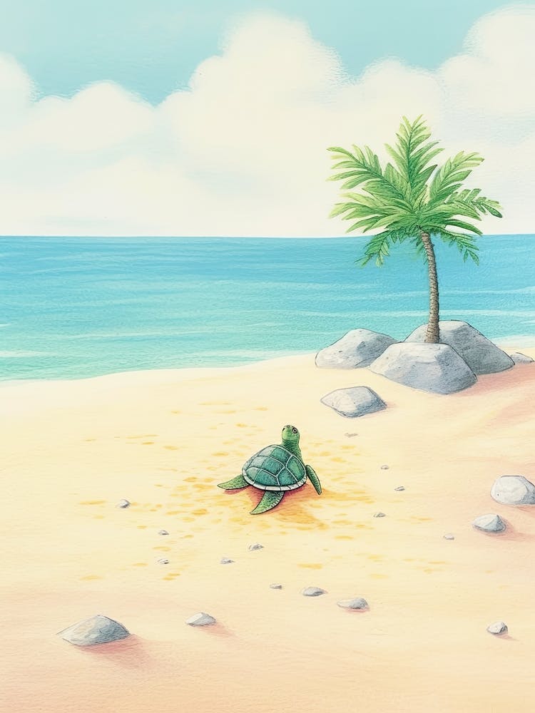 Cute Sea Turtle On The Beach Drawing 3