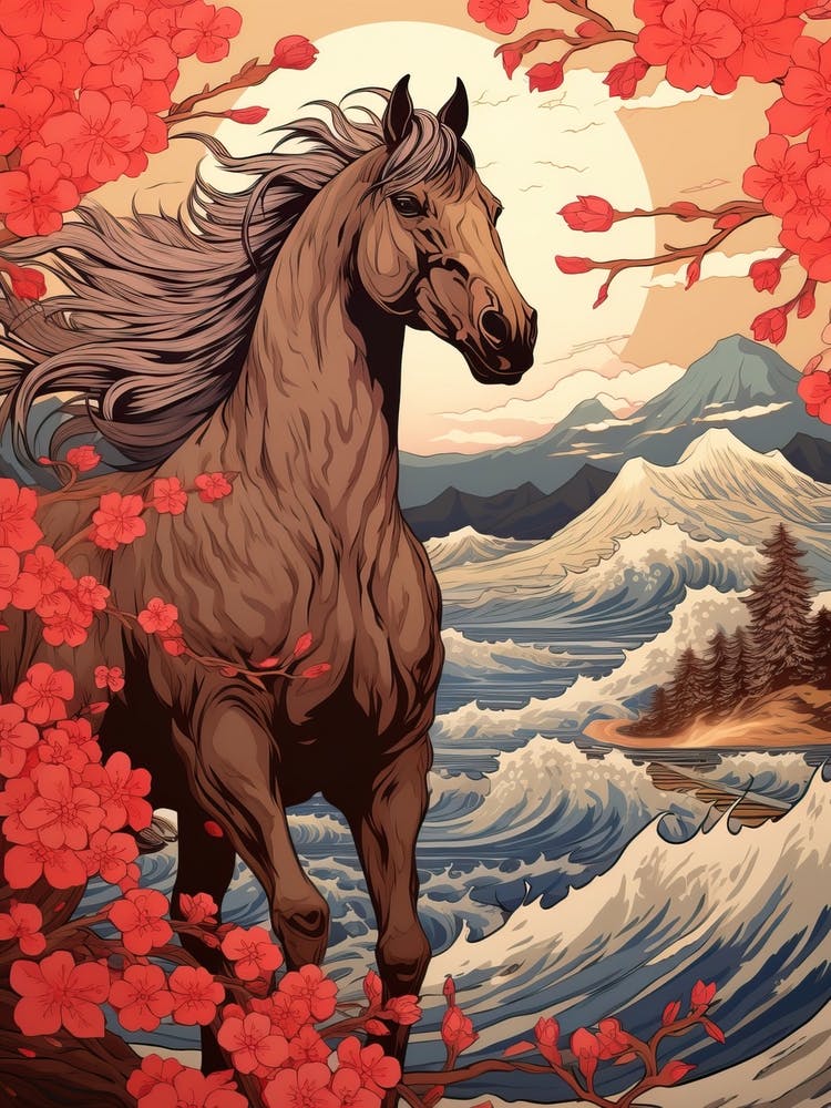Horse Animal Drawing In The Style Of Ukiyo E 3