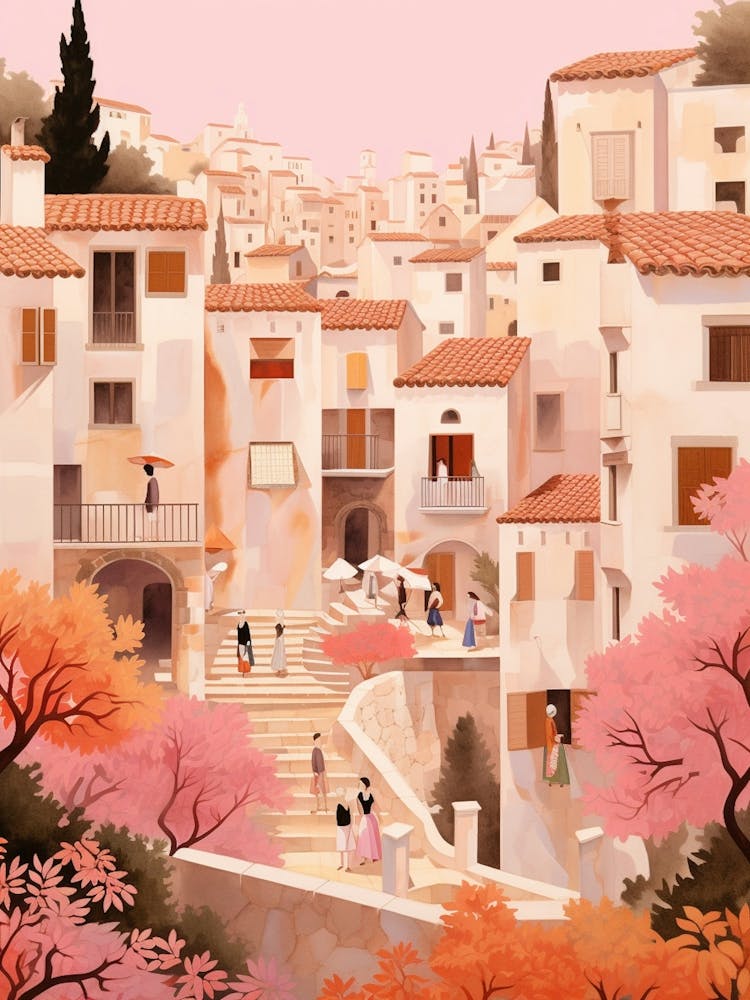Mallorca Spain 4 Vintage Pink Travel Illustration