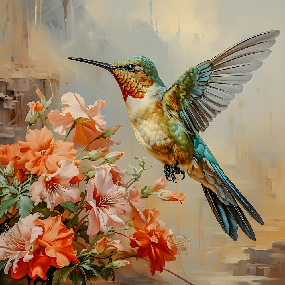 Floral Symphony: Hummingbird with Orange Flowers - Realistic Nature Art