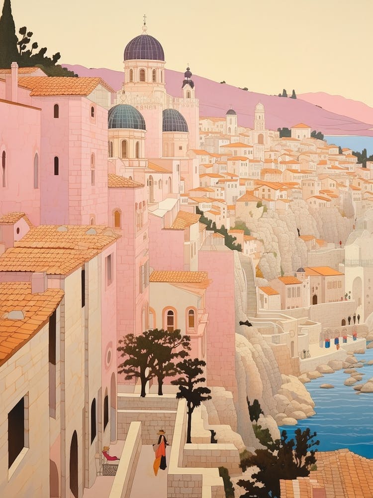 Dubrovnik Croatia 1 Vintage Pink Travel Illustration