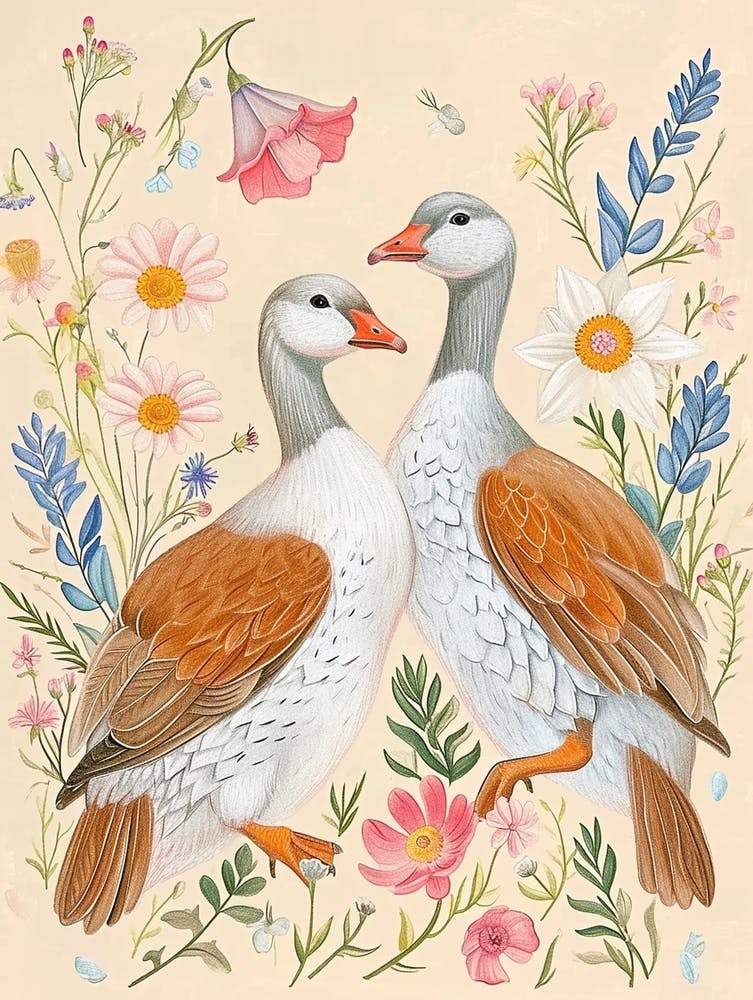 Folksy Floral Animal Drawing Goose