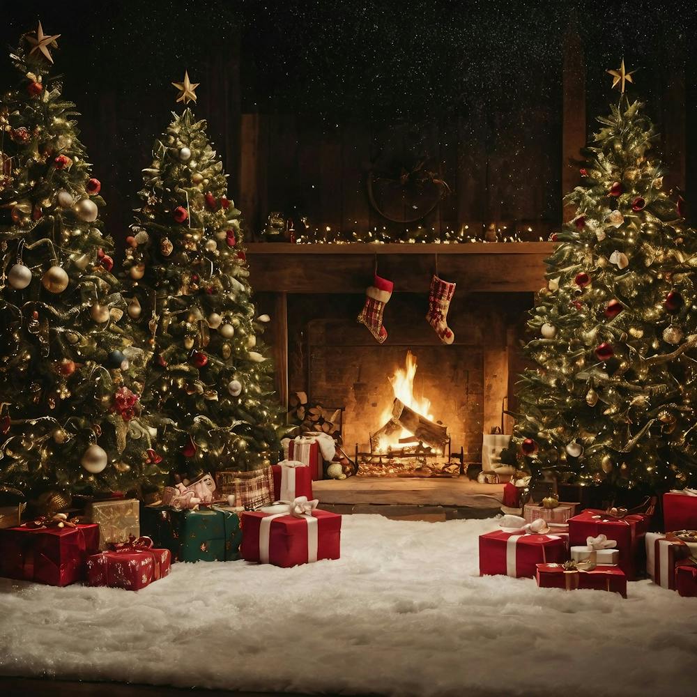 Christmas Trees In Front Of Fireplace