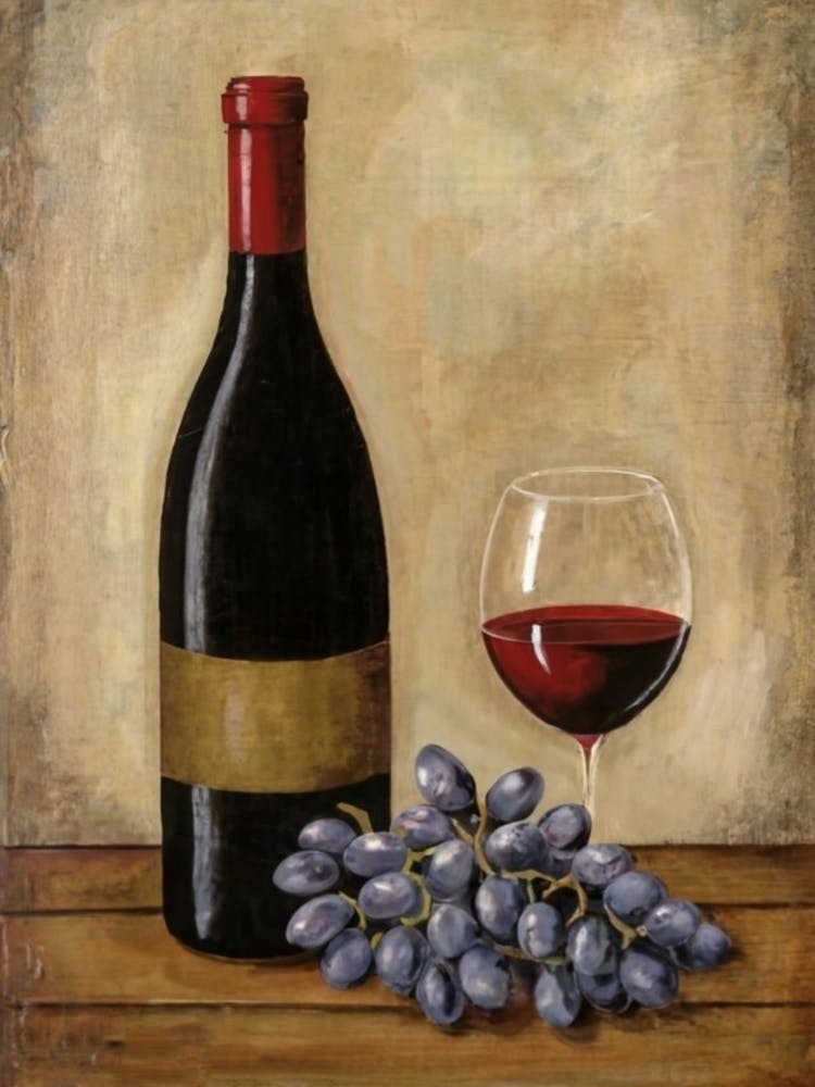 Red wine bottle and grapes wall art poster