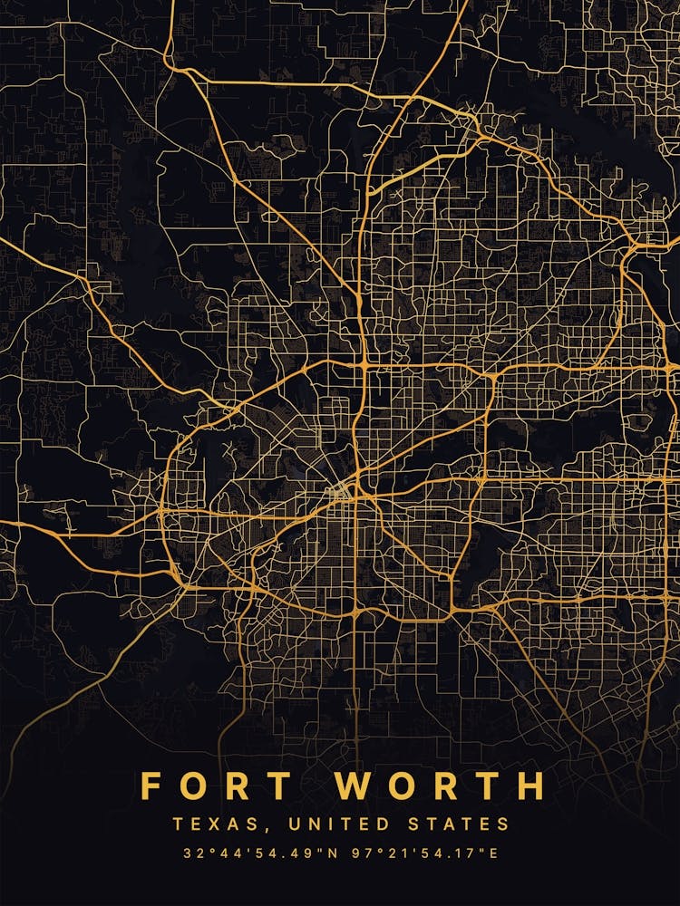 Fort Worth Texas USA Black And Gold Map