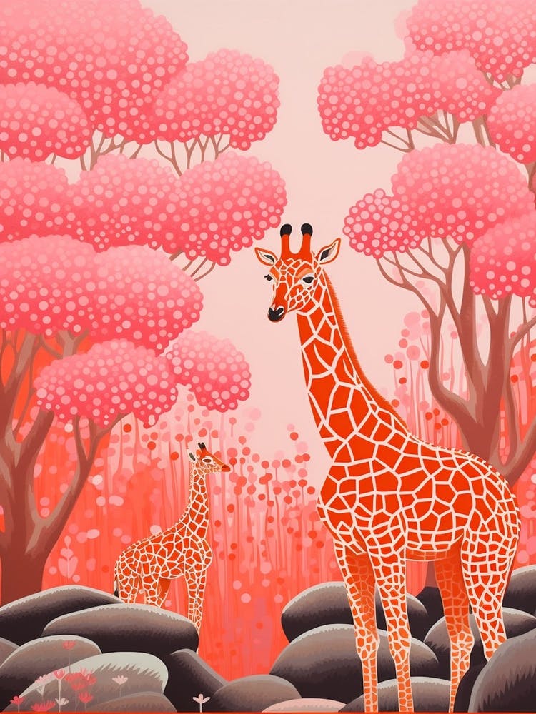 Two Giraffes Under The Blooming Trees