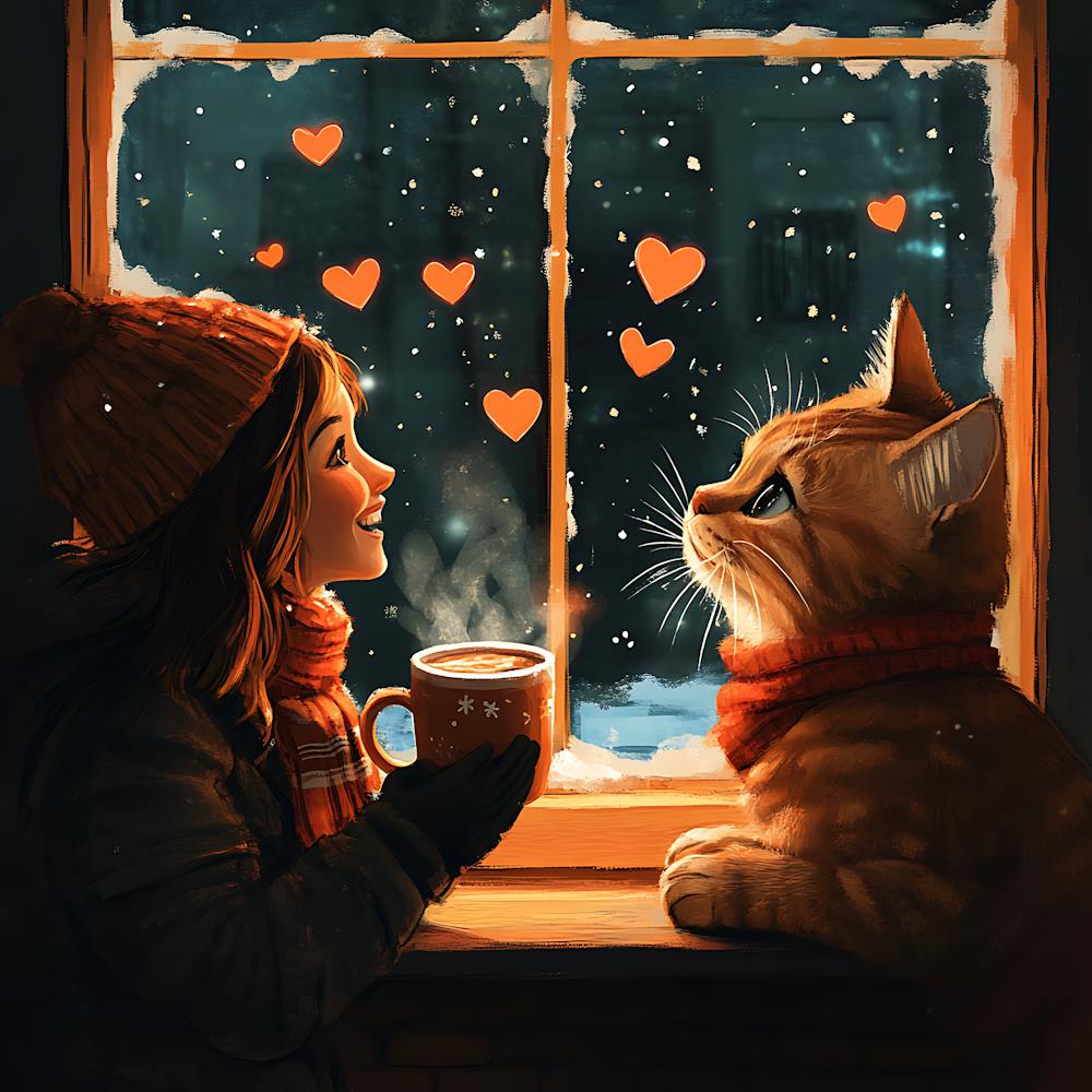 Cat and Person Sharing Hot Cocoa Artwork