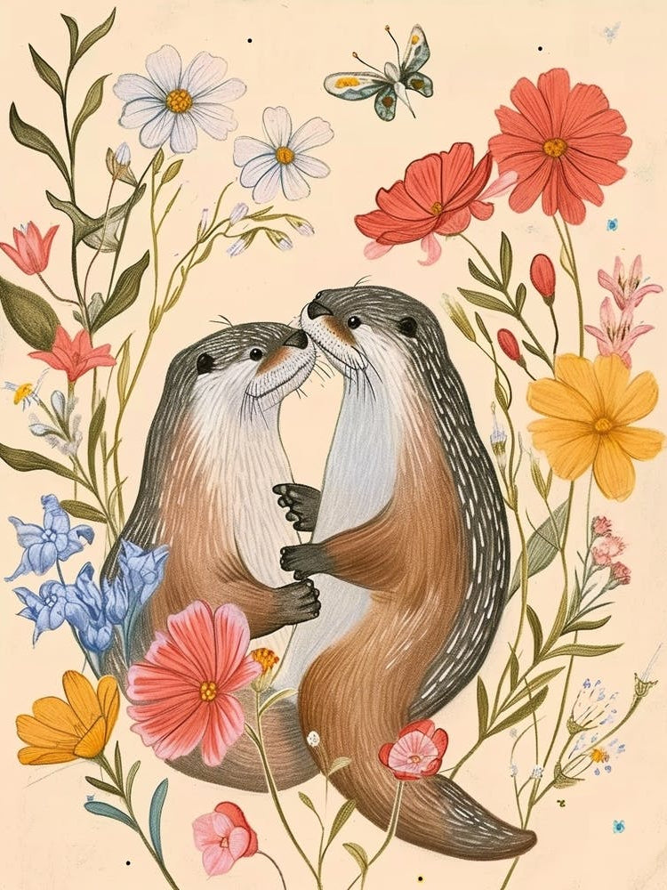 Folksy Floral Animal Drawing Otter