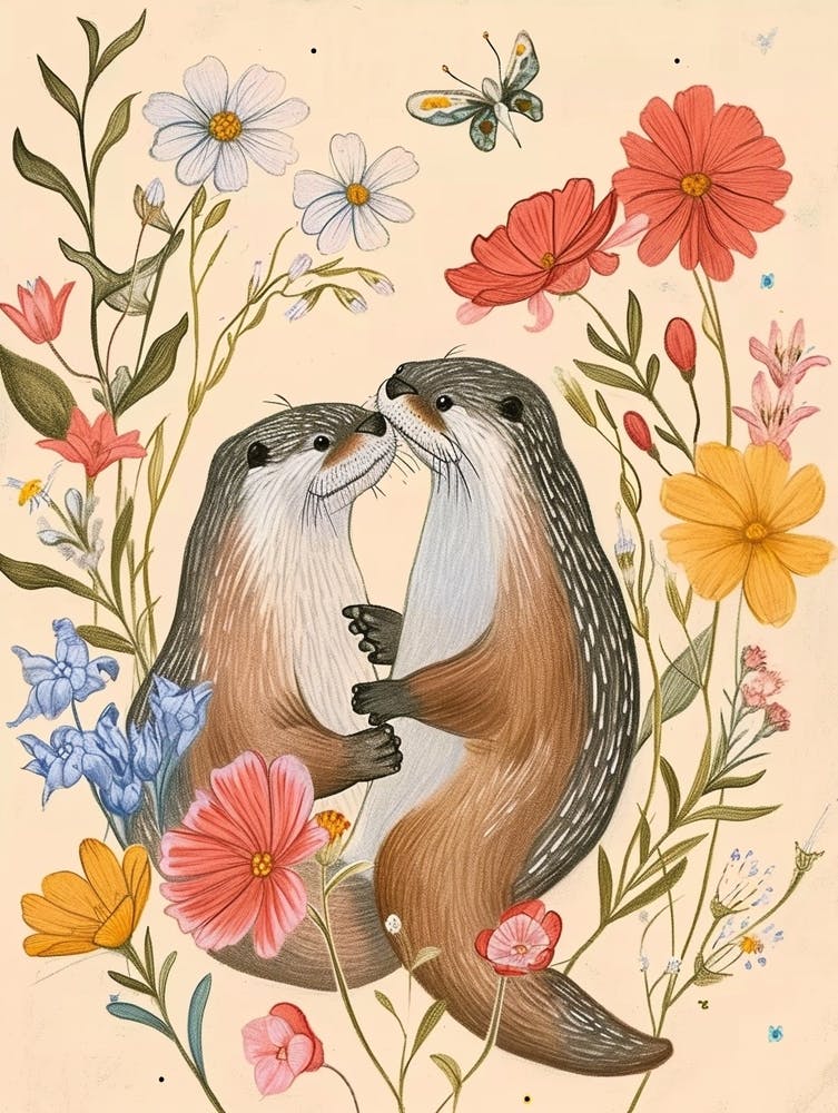 Folksy Floral Animal Drawing Otter
