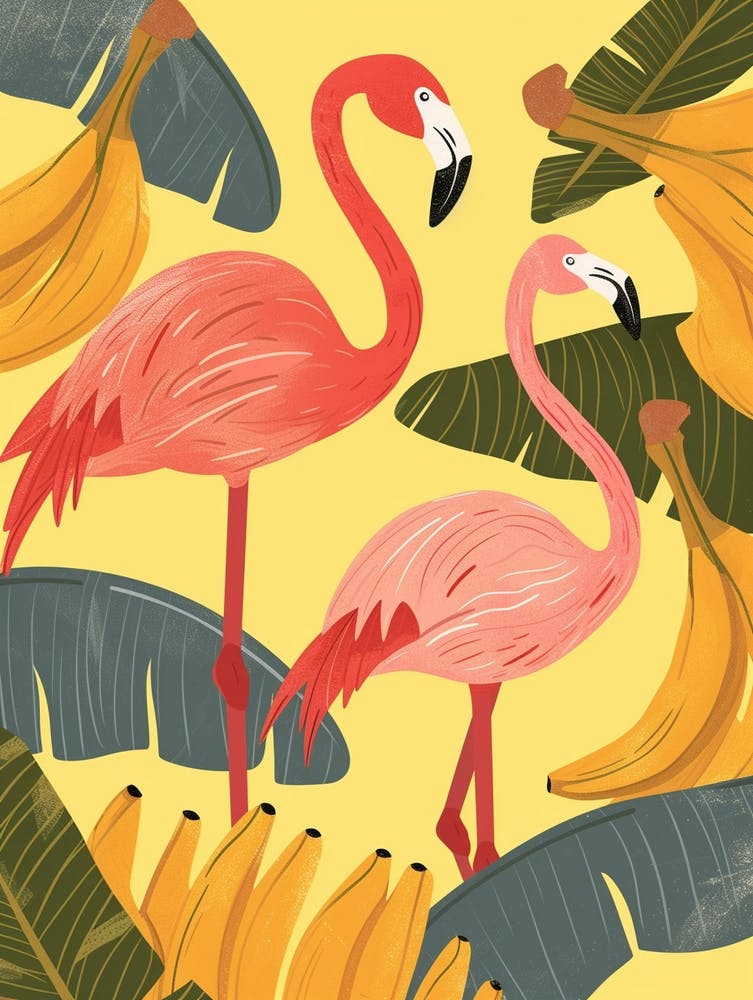 Andean Flamingo And Banana Plants Minimalist Illustration 1