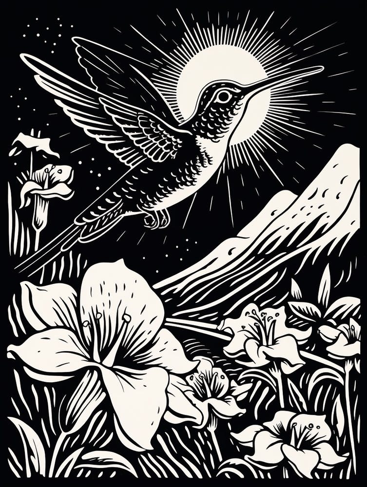 B&W Bird Linocut Hummingbird 4