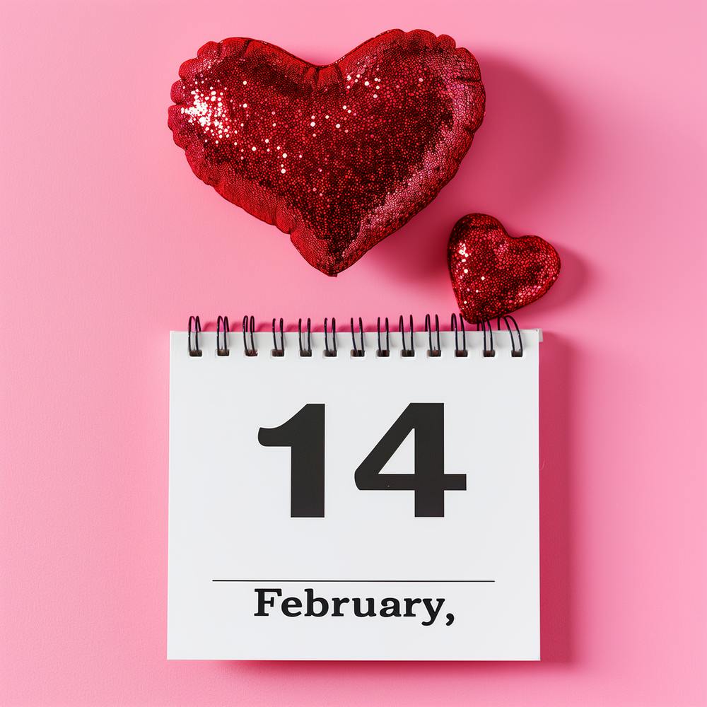 a calendar opened to February 14 with a large red sequined heart and a smaller one on a pink background
