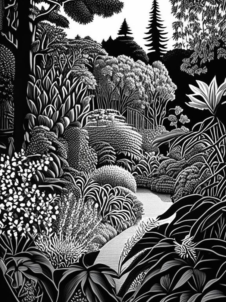 Chicago Botanic Garden, 1, Usa Linocut Black And White Vintage