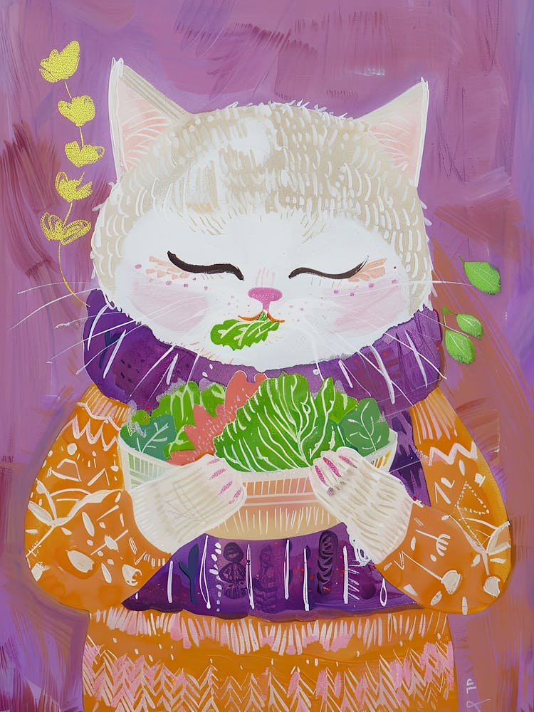 Niedliche weiß-braune Katze isst Salat Volksillustration 2