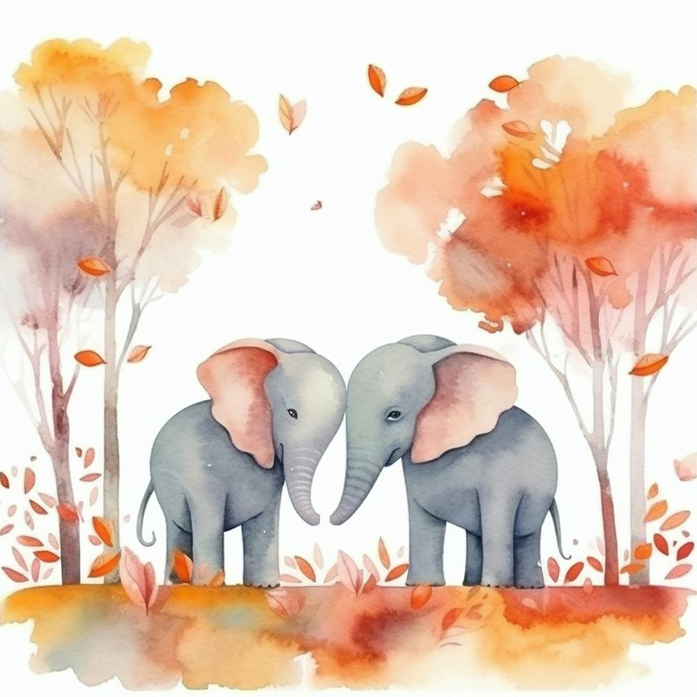 Watercolor Illustration Two Elephants Forest
