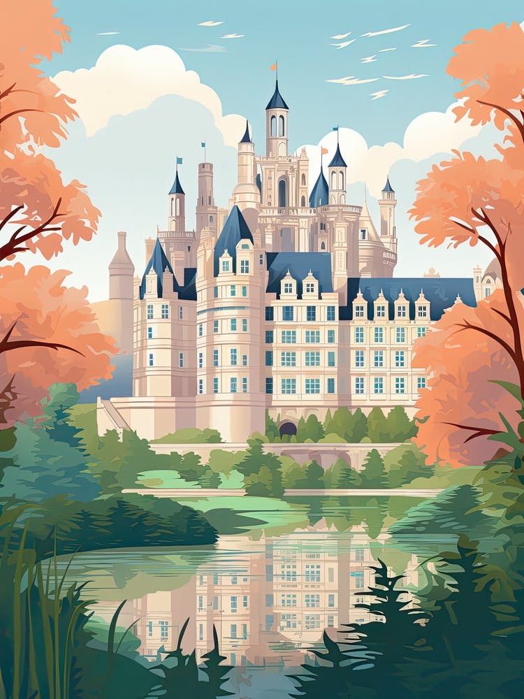Chateau De Chambord Chambord, France - Jolie illustration botanique de voyage 1